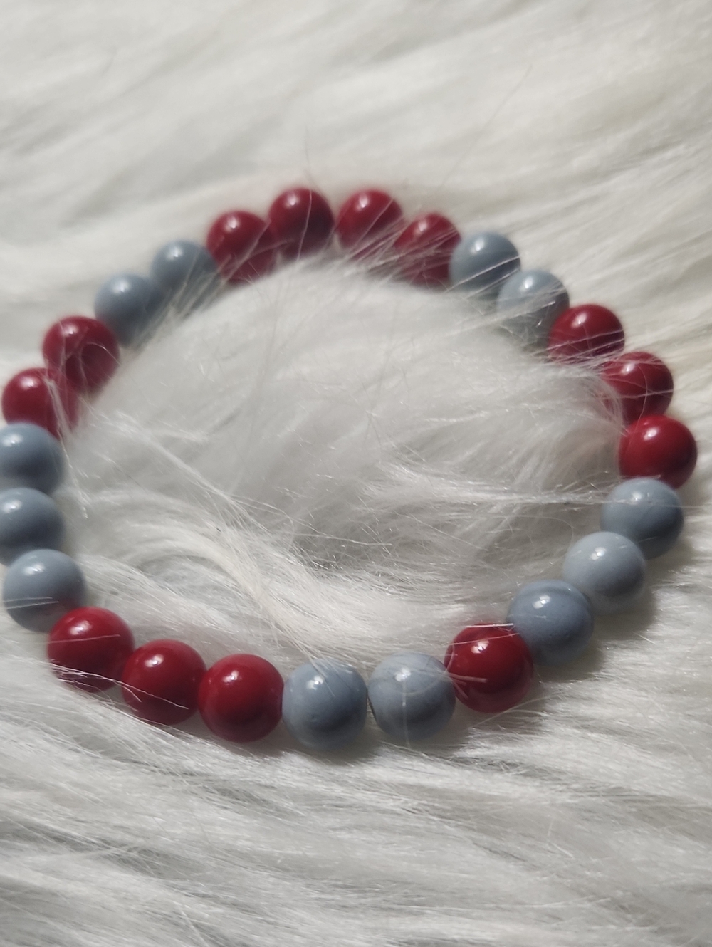 Hand Crafted Red and Light Blue Beaded Stretch Bracelet
